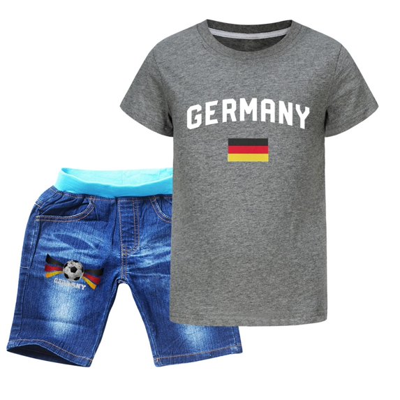 EnJoCho Boys' Casual Summer Ensemble Children's Sportswear T Shirt + Jeans Football Print Germany Boys Sweatsuit Boys Easter Trendy Printed Shorts Set (Green,9-10 Years)