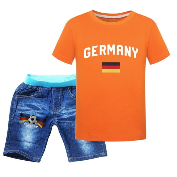 EnJoCho Boys' Casual Summer Ensemble Children's Sportswear T Shirt + Jeans Football Print Germany Boys Sweatsuit Boys Easter Trendy Printed Shorts Set (Orange,11-12 Years)