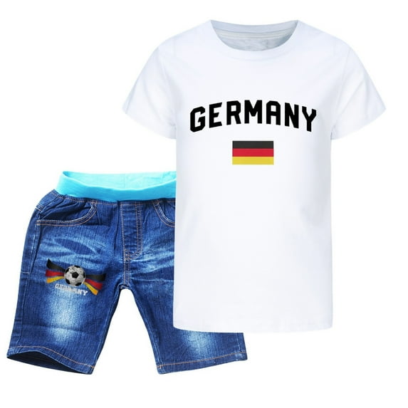 EnJoCho Boys' Casual Summer Ensemble Children's Sportswear T Shirt + Jeans Football Print Germany Boys Sweatsuit Boys Easter Trendy Printed Shorts Set (Pink,9-10 Years)