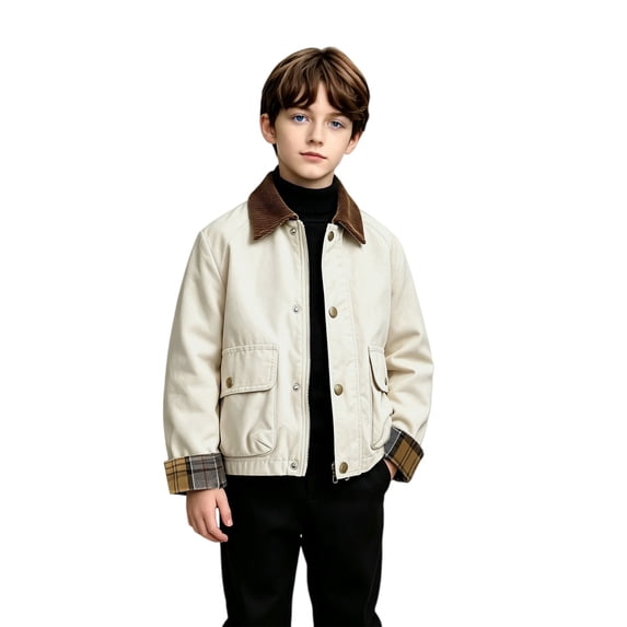 EnJoCho Boys Corduroy Collar Jacket Kids Casual Plaid Windbreaker Zip‑Up Button Outerwear With Pockets Boys Girls Stylish Outdoor Outwear For 3‑10 Years