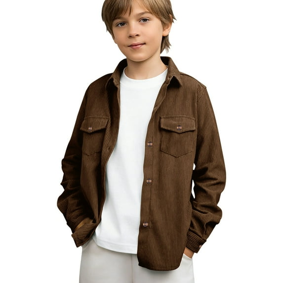 EnJoCho Boys Corduroy Shirts Kids Western Botton Down Shacket with Pocket Fall Long Sleeve Solid Lapel Tops