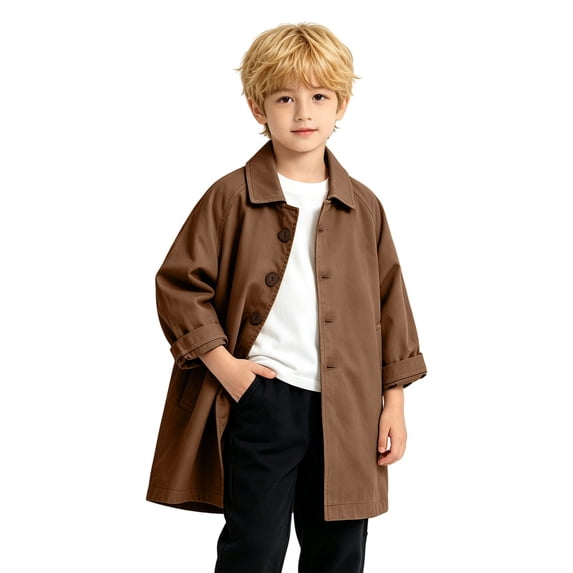 EnJoCho Boys Girls Lapel Trench Jacket Kids Button Down Outerwear Mid Length Casual Windbreaker Coat With Side Pockets For Fall Winter Holiday Daily Wear