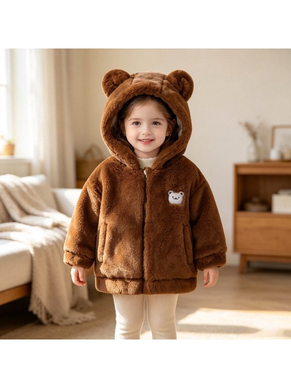 Boys Girls Panda Hooded Plush Jacket, Cute Fleece Winter Coat with 3D Animal Ears, Full Zipper and Side Pockets for Baby Boys Girls Outerwear