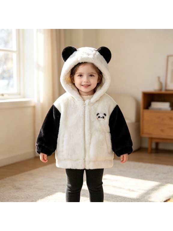 Boys Girls Panda Hooded Plush Jacket, Cute Fleece Winter Coat with 3D Animal Ears, Full Zipper and Side Pockets for Baby Boys Girls Outerwear