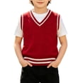 thumbnail image 1 of EnJoCho Boys Girls V‑Neck Cable Knit Sweater Vest Contrast Trim Sleeveless Knit Waistcoat Classic Knit Layering Top for Kids Fall Winter Christmas School Outfit, 1 of 7