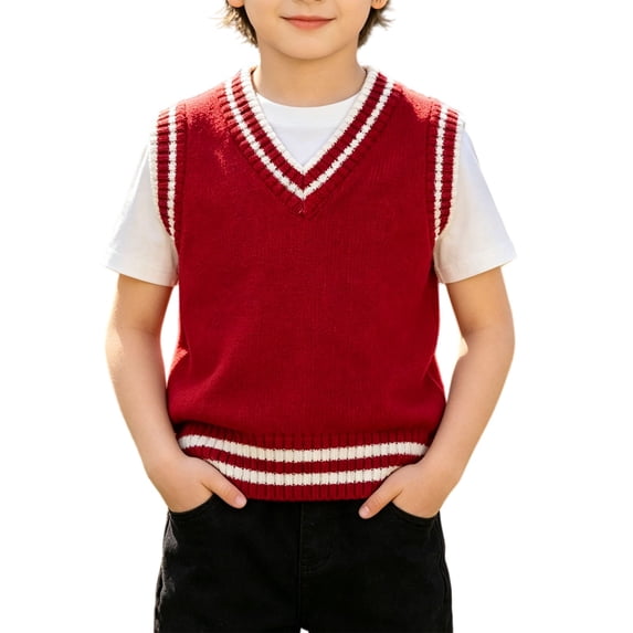 EnJoCho Boys Girls V‑Neck Cable Knit Sweater Vest Contrast Trim Sleeveless Knit Waistcoat Classic Knit Layering Top for Kids Fall Winter Christmas School Outfit