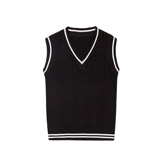 EnJoCho Boys Girls V‑Neck Cable Knit Sweater Vest Contrast Trim Sleeveless Knit Waistcoat Classic Knit Layering Top for Kids Fall Winter Christmas School Outfit