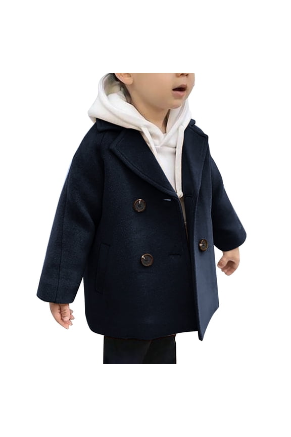 Boys Girls Winter Pe𝖺 Coat Dress Coats Notched Lapel Collar Double Breas𝗍ed Plaid Over Coats Long Jackets for Kids