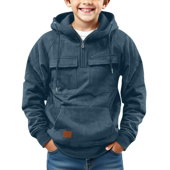 EnJoCho Boys Half Zip Hooded Pullover Sweatshirt Solid Color Long Sleeve Warm Jacket Multi-Pocket for Kids Fall Winter Comfortable