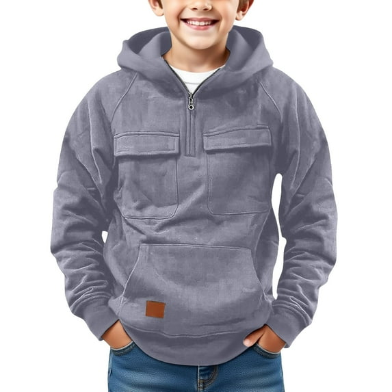 EnJoCho Boys Half Zip Hooded Sweatshirt Solid Color Long Sleeve Warm Jacket Multi-Pocket Pullover for Kids Cozy Fall Winter Outerwear