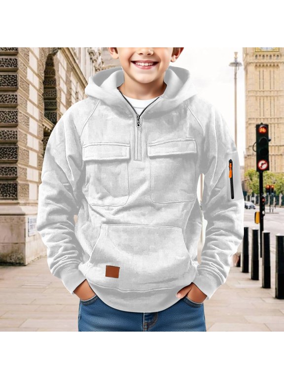Boys Half Zip Pullover Hoodie Fleece Long Sleeve Hooded Sweatshirt Flap Chest Pockets Arm Pocket Leather Patch Fall Winter School for Kids