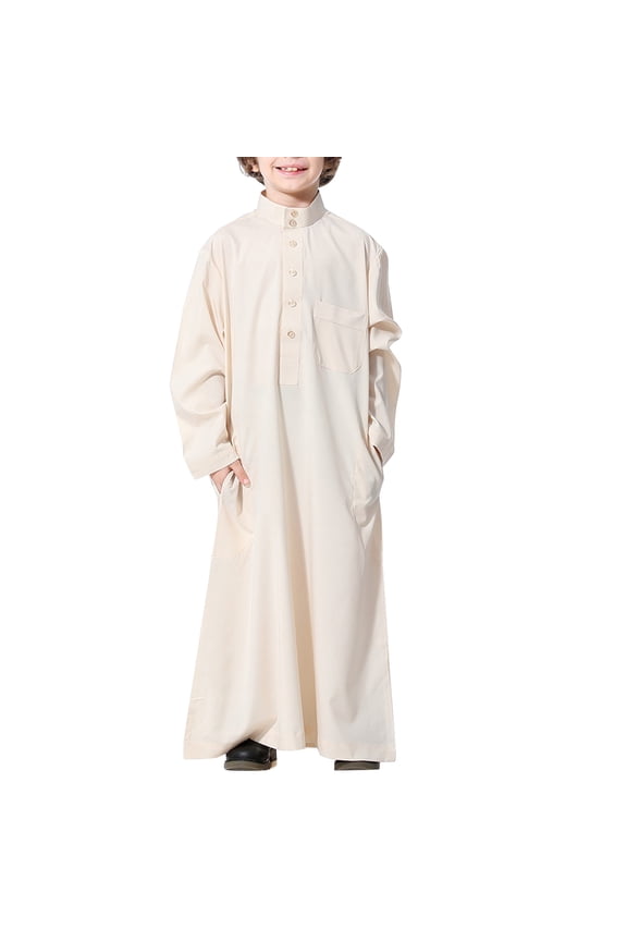 Boys Kids Thobe Musli𝗆 Robe Arab Kaftan Solid Color Long Sleeve Islami𝖼 Prayer Dress Ramadan Eid Outfit Pocket Middle Easter𝗇 Traditional