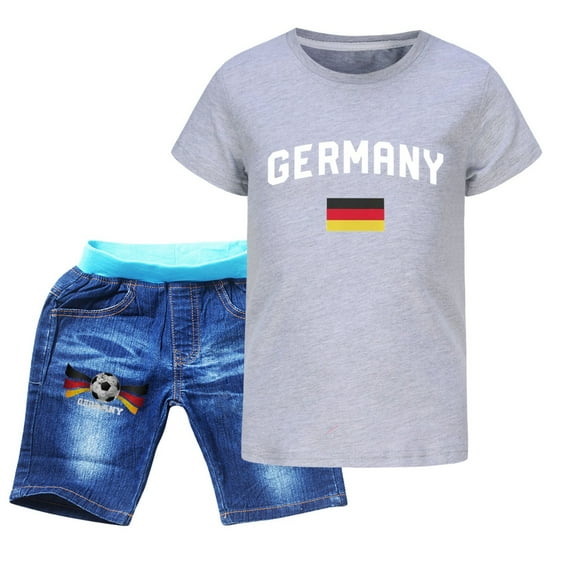 EnJoCho Boys' Casual Summer Ensemble Children's Sportswear T Shirt + Jeans Football Print Germany Boys Sweatsuit Boys Easter Trendy Printed Shorts Set (Black,5-6 Years)