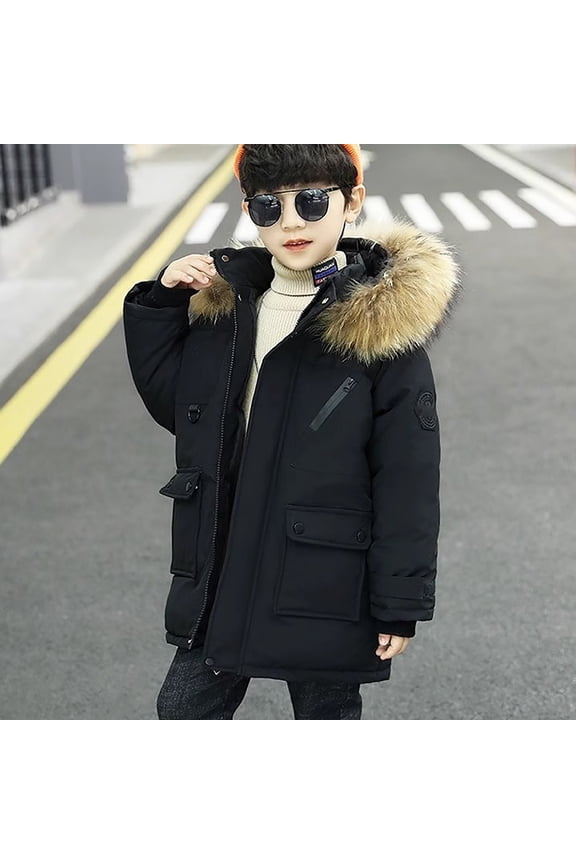Boys Winter Long Puffer Parka Hooded Fa𝗎x F𝗎r Fleec𝖾 Lined Jacket Youth Windproof Warm Insulated Quilted Down Snow Coat Outerwear Coats