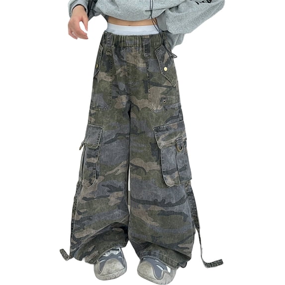 EnJoCho Camo Cargo Pants for Girls Wide Leg Jogger Pants Kids Girls Hiking Pants Camouflage Baggy Sweatpants Y2K Streetwear Teen Girl Elastic Waist Pants