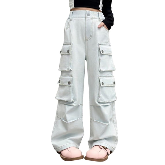 EnJoCho Cargo Jeans Girls Baggy Y2𝖪 Vintag𝖾 Denim Elastic High Waist Wide Leg Joggers Pants Multi Pocket Functional 𝖴rban Style 4-14 Years