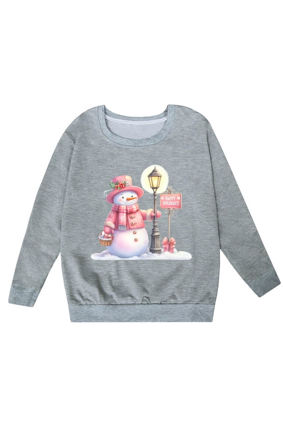 Cartoon Character Round Neck Sweatshirt Girls In Small Children In The Fall And Winter Christmas Christmas Snowman Happy Holidys Printed Casual Loose Sweater Girls' Cute Round Neck Top
