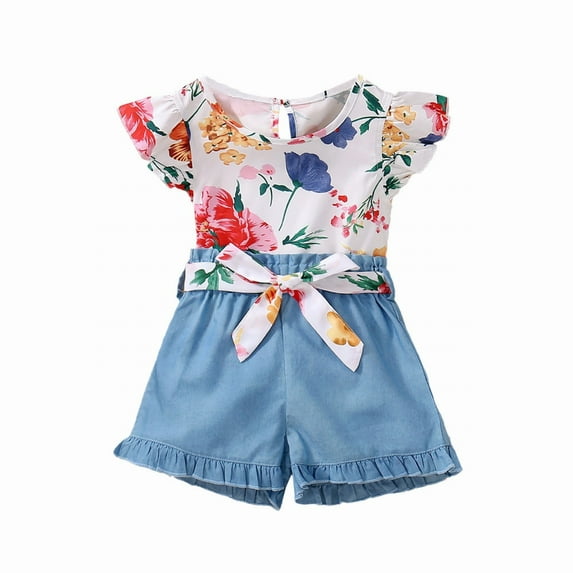 EnJoCho Children Cute Girl Outfits Comfortable Floral Print Ruffles Fly Sleeve Top and Solid Blue Denim Shorts Set Little Girl Cute Trendy Summer Clothing Sets 4-5 Years