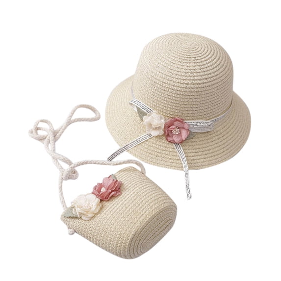 EnJoCho Children Girl Summer Sunscreen Sunshade Hat Straw Beach Sun Hat + Straw Bag Baby Child Girl Casual Outing Sets