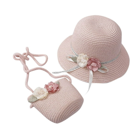 EnJoCho Children Girl Summer Sunscreen Sunshade Hat Straw Beach Sun Hat + Straw Bag Baby Child Girl Casual Outing Sets