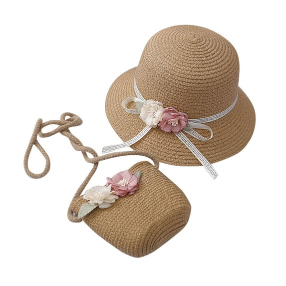 EnJoCho Children Girl Summer Sunscreen Sunshade Hat Straw Beach Sun Hat + Straw Bag Baby Child Girl Casual Outing Sets