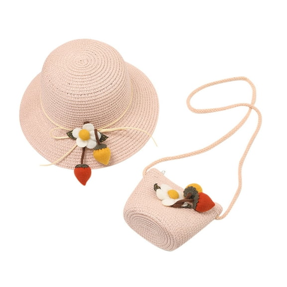 EnJoCho Children Girls Summer Flower Fruit Sunshade Hat Straw Beach Sun Hat   Straw Bag Cute Casual Outdoor Caps