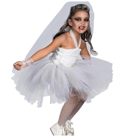 EnJoCho Children Girls Tiered Tulle Dress Toddler Baby's Halloween Cos-play Bride Dress Halter Tutu Dress +Headwear+Gloves