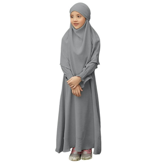 EnJoCho Children Kids Daily Casual Dress O Neck Dress Solid Elegant Dress Kids Prayer Dress Muslim Clothes for Girls Long Sleeve Abaya with Hijab Two Piece Maxi Islamic Set Scarf