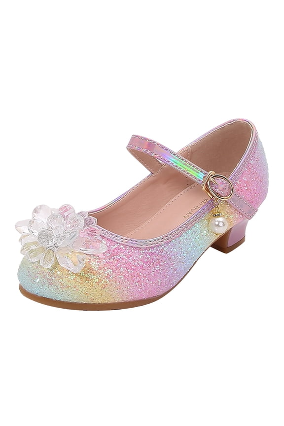 Children Princess Shoes Fashion Rainbow Color Princess Shoes Crystal Bowknot Pearl High Heel Children Soft Sole Small Leather Shoes Baby Girl Kids Summer Stylish Sandals