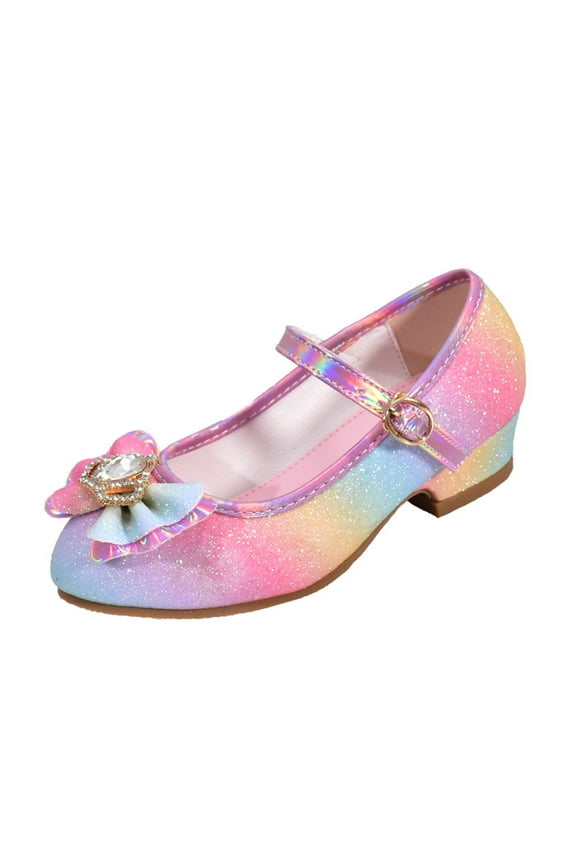 Children Rainbow Color Princess Shoes with Diamond Shiny Sandals Cute Shoes Bow High Heels Show Princess Shoes for Dress Girl Kids Summer Stylish Sandals