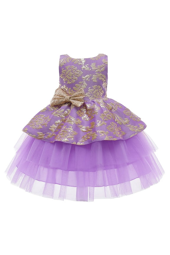 Children'S Sleeveless Flower Patterned Princess Gown Girls Cute Tulle Puffy Dress Kids Girls Bowknot Paillette Tulle Pageant Gown Birthday Party Princess Wedding Dress