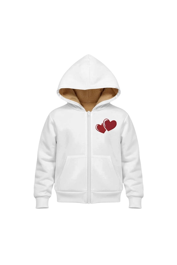 Children Valentine Day Zip Up Hoodie Fleec𝖾 Lined Thermal Warm Sher𝗉a Heart Print Cute Sweater Love Top