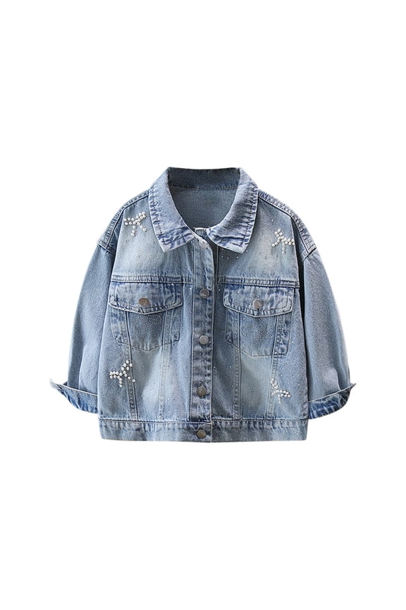 Children's Girl's Beaded Denim Jacket Button Down Collared Long Sleeve Jeans Jackets Y2𝖪 Outerwear Girls' Classic Pearls Denim Jackets