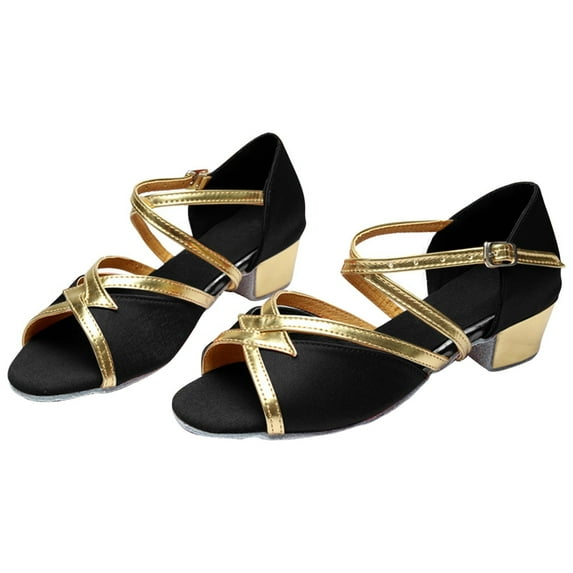 EnJoCho Children's Latin Dance Shoes Indoor Soft Soled Flat Heel Sequins Dance Shoes Satin Indoor Dance Shoes Little Girl Stylish Party Shoes Black and Gold
