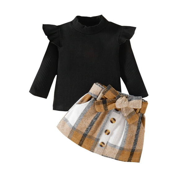 EnJoCho Children’s Outfit Toddler Girls Ruffles Long Sleeve Solid Ribbed T Shirt Tops Plaid Prints Bow Tie Skirt Outfits Little Child Trendy Fall Winter Clothing Set