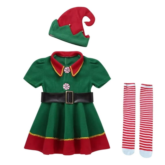 EnJoCho Christmas Girls Lapel Short Sleeved Dress Belt Hat Striped Stocking Set 4 Piece for 0 To 5 Years Toddler Kids Xmas Party Cosplay Performance Outfits