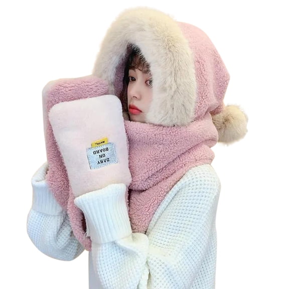 EnJoCho Christmas Women Woolen Three In One Hooded Cap Earflap Hat Long Scarf Gloves Set Winter Warm Women Siamese Hoodie Gloves Pocket Earflap Hat Long Scarf Soft Winter Warm Hooded Scarf