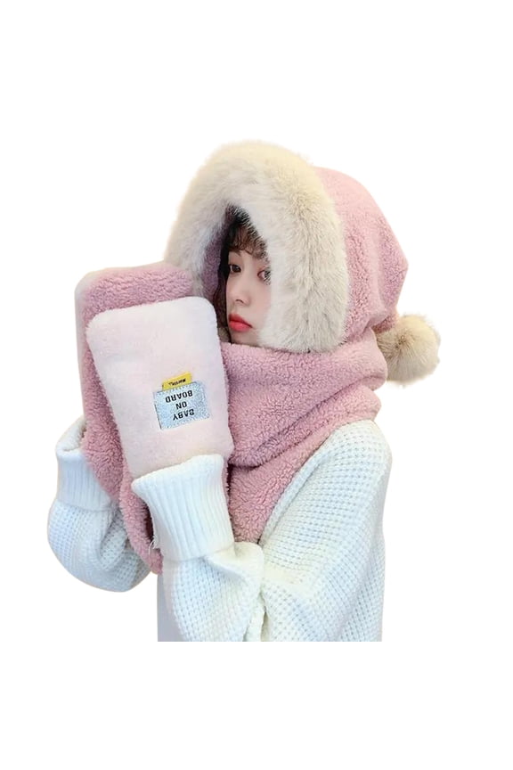 Christmas Women Woolen Three In One Hooded Cap Earflap Hat Long Scarf Gloves Set Winter Warm Women Siamese Hoodie Gloves Pocket Earflap Hat Long Scarf Soft Winter Warm Hooded Scarf