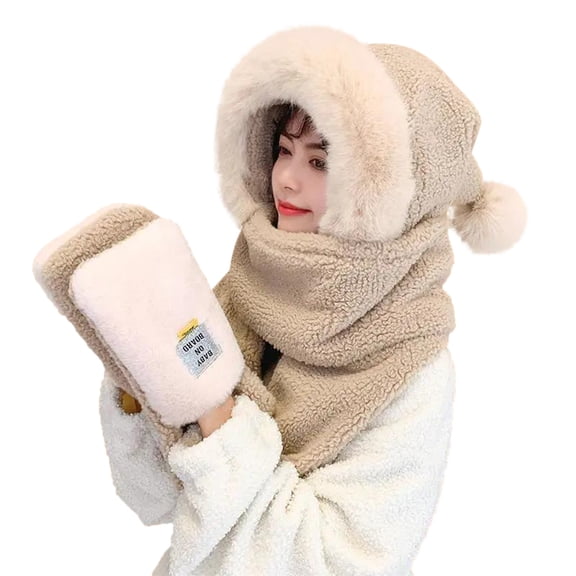 EnJoCho Christmas Women Woolen Three In One Hooded Cap Earflap Hat Long Scarf Gloves Set Winter Warm Women Siamese Hoodie Gloves Pocket Earflap Hat Long Scarf Soft Winter Warm Hooded Scarf