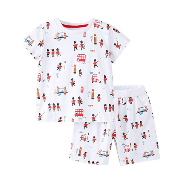 EnJoCho Clearence Boys Summer Cotton 2-Piece Set - Short Sleeve Graphic Print Top + Coordinated Elastic Waist Shorts, Lightweight Playground-Ready Outfit for Active Kids