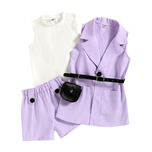 EnJoCho Clothe Crop Top Kids Girls' Set Spring/Summer Solid Color Sleeveless Pocket Coat Shorts White Vest Belt Bag Birthday Party School Little Girl Summer Trendy Clothing Set 5-6 Years