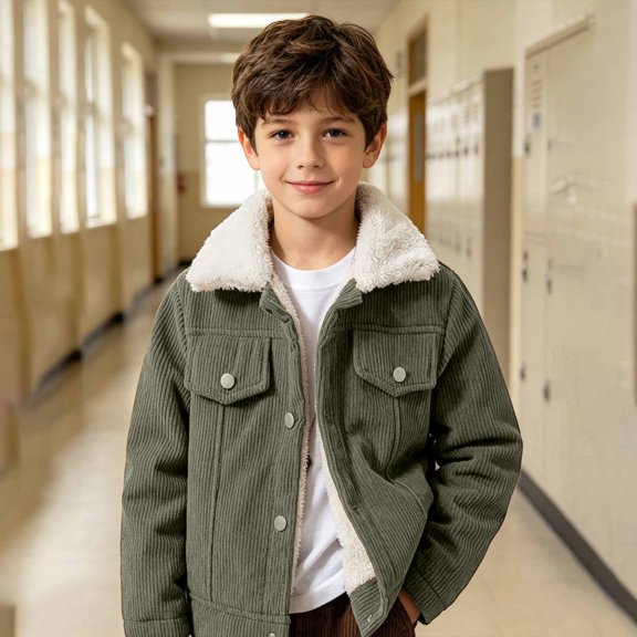 EnJoCho Corduroy Trucker Jacket for Boys Kids Sherpa Collar Fleece Lined Warm Casual Coat with Chest Pockets Button Front Outerwear Everyday Wear
