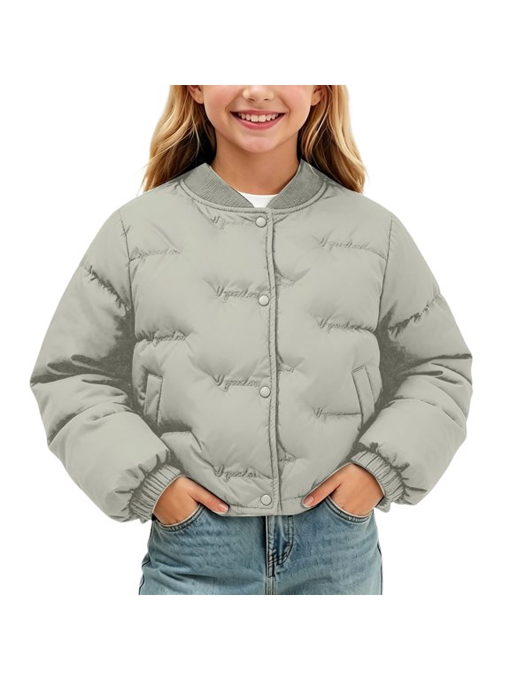 Cropped Puffer Bomber Jacket for Girls Teens Rib Collar Snap Button Quilted Warm Short Coat with Side Pockets Winter Outerwear Casual School Wear