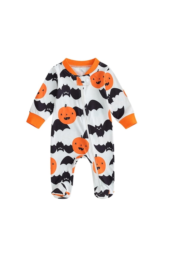 Cute Carton Print Baby Boy Girl Halloween Romper Jumpsuit Bodysuit, Long Sleeve Zipper Footie Sleeper Baby Kids Outfit Fall Winter Party Wear
