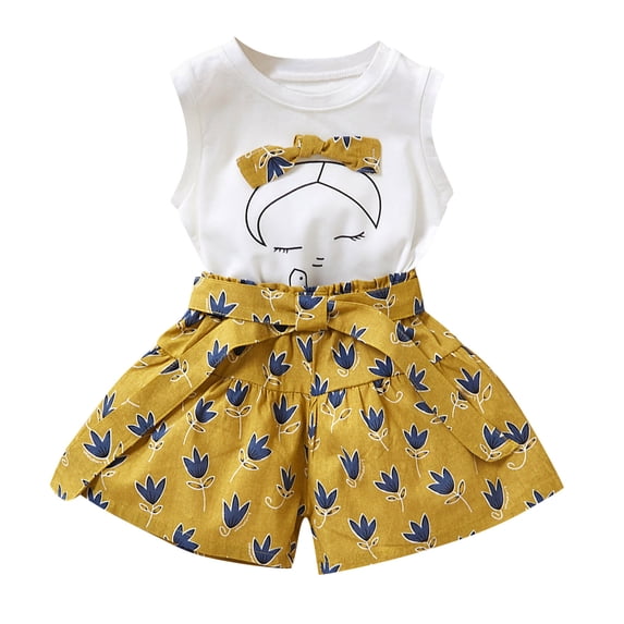 EnJoCho Cute Crop Top Outfit Toddler Kids Baby Girls Sleeveless Cartoon Bow Tee T-shirt Tops + Floral Shorts 2PCS Outfits Clothes Set Little Girl Summer Trendy Clothing Set 4-5 Years