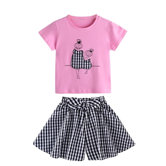 EnJoCho Cute Top Teen Girl Children Kids Baby Girls Fashion Cartoon Tops Tee Plaid Shorts Set Outfits Children Little Girl Fashion Clothing Set