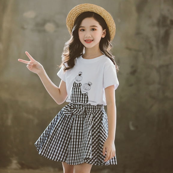 EnJoCho Cute Top Teen Girl Children Kids Baby Girls Fashion Cartoon Tops Tee Plaid Shorts Set Outfits Children Little Girl Fashion Clothing Set