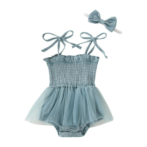 EnJoCho Fashion Clothes for Toddler Summer Girls Pure Color Suspenders Mesh Romper Jumpsuit Clothes Bow Headdress Two Piece Set Toddler Kids Home Trendy Comfort Bodysuit Outfits