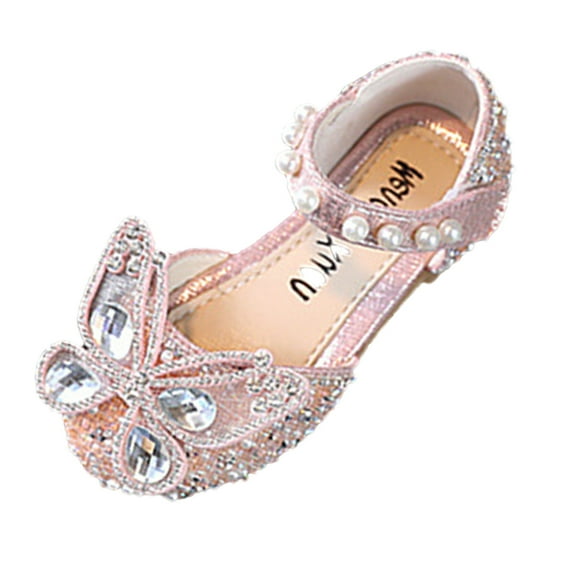 EnJoCho Fashion Girls Sandals Black Dress Performance Dance Shoes Rhinestone Cartoon Butterfly Shape Sequin Pearl Hook Loop Little Girls Summer Shoes