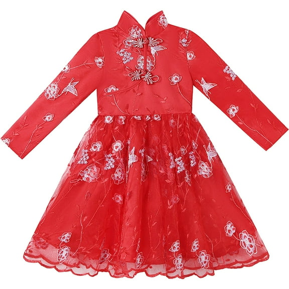 EnJoCho Festive Chinese New Year Dress For Girls Toddler Girls Round Neck Long Sleeve Spring Autumn Butterfly Print Dress Chunjie Girls Traditional New Year Dress